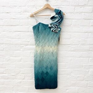 Mikael Aghal || Woven Ombre‎ Rosette One Shoulder Cocktail Dress Hunter Green 2